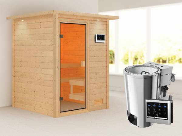 Karibu Sauna Sandra mit 3,6 kW Bioofen ext. Strg und Dachkranz 38 mm Karibu Sauna Sandra mit 3,6 kW Bioofen ext. Strg und Dachkranz 38 mm