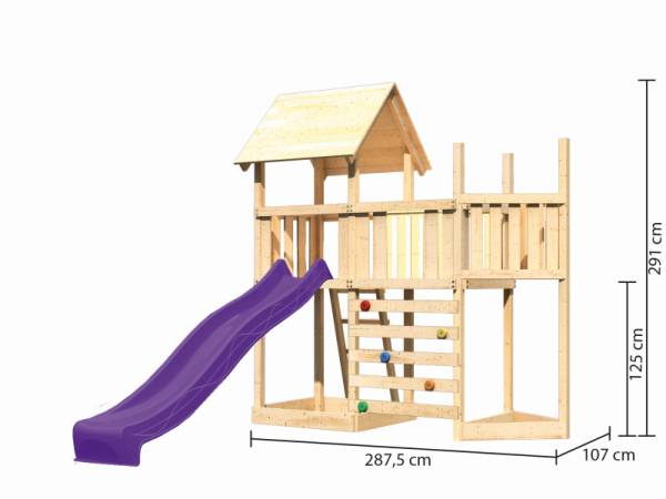 Akubi Spielturm Lotti Satteldach + Schiffsanbau oben + Anbauplattform + Kletterwand + Rutsche in violett