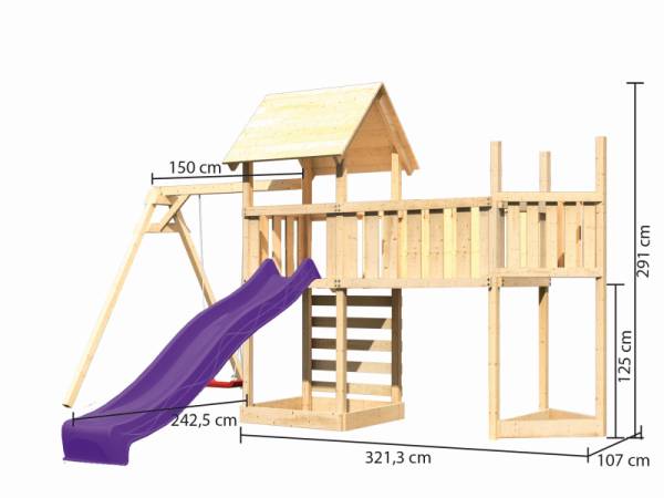 Akubi Spielturm Lotti Satteldach + Schiffsanbau oben + Einzelschaukel + Anbauplattform XL + Kletterwand + Rutsche in violett