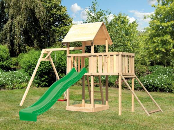 Akubi Spielturm Lotti Satteldach + Rutsche grün + Einzelschaukel + Anbauplattform + Netzrampe Akubi Spielturm Lotti Satteldach + Rutsche grün + Einzelschaukel + Anbauplattform + Netzrampe
