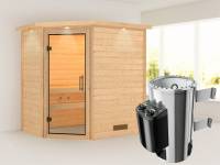 Cilja - Karibu Sauna Plug &amp; Play 3,6 kW Ofen, int. Steuerung - mit Dachkranz - Klarglas Ganzglastür