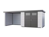 Telluria Metall-Gerätehaus Classico 3024 Komplett Weiß mit Lounge links