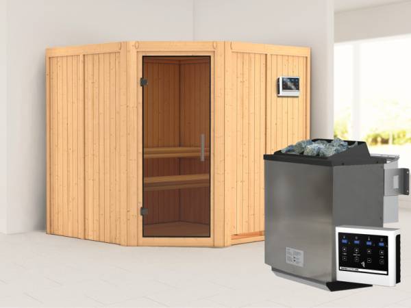 Karibu Sauna Jarin inkl. 9-kW-Bioofen mit externer Steuerung, ohne Dachkranz, mit moderner Saunatür