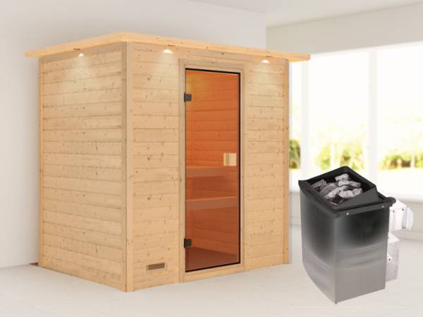 Karibu Sauna Selena inkl. 9 kW Ofen integr. Steuerung mit klassischer Saunatür -mit Dachkranz-