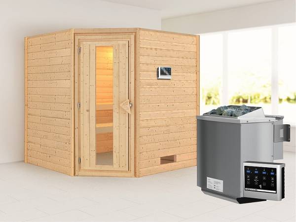 Karibu Sauna Nina 38 mm ohne Dachkranz- 9 kW Bioofen ext. Strg- energiesparende Tür