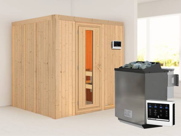 Karibu Sauna Sodin 68 mm- energiesparende Saunatür- 4,5 kW Bioofen ext. Strg- ohne Dachkranz