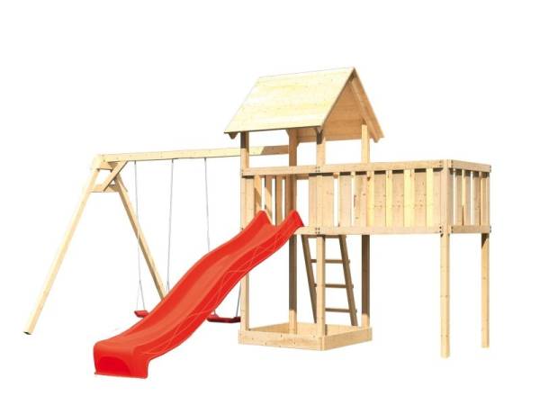 Akubi Spielturm Lotti natur mit Anbauplattform XL, Doppelschaukel und Rutsche rot