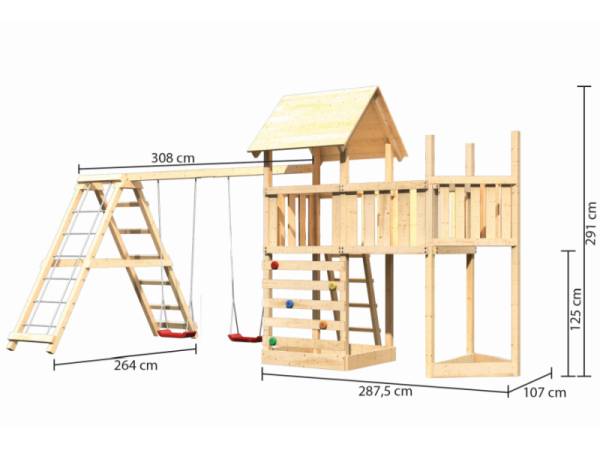 Akubi Spielturm Lotti Satteldach + Schiffsanbau oben + Anbauplattform + Doppelschaukel mit Klettergerüst + Kletterwand
