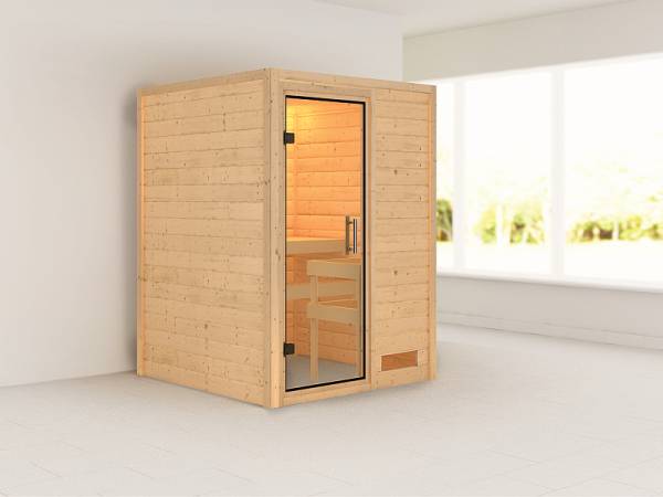 Karibu Sauna Svenja 38 mm ohne Dachkranz- Ohne Ofen -klarglas Ganzglastür Karibu Sauna Svenja 38 mm ohne Dachkranz- Ohne Ofen -klarglas Ganzglastür
