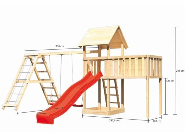 Akubi Spielturm Lotti natur mit Anbauplattform XL, Doppelschaukel inkl. Klettergerüst und Rutsche rot