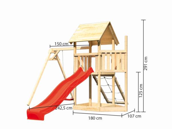 Akubi Spielturm Lotti Satteldach + Schiffsanbau oben + Einzelschaukel + Netzrampe + Rutsche in rot