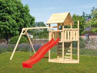 Akubi Spielturm Lotti Satteldach + Schiffsanbau oben + Doppelschaukel + Kletterwand + Rutsche in rot