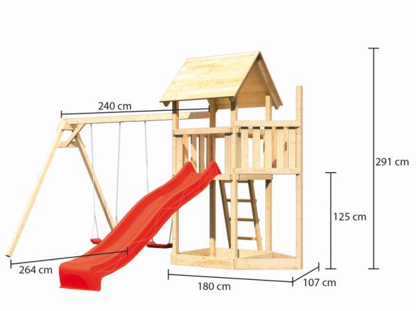 Akubi Spielturm Lotti Satteldach + Schiffsanbau oben + Doppelschaukel + Rutsche in rot