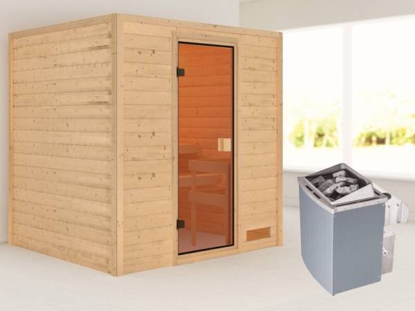 Karibu Sauna Adelina mit 9 kW Ofen integr. Strg 38 mm Karibu Sauna Adelina mit 9 kW Ofen integr. Strg 38 mm
