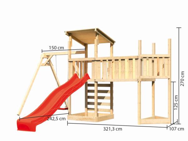 Akubi Spielturm Anna + Rutsche rot + Einzelschaukel + Anbauplattform XL + Kletterwand + Schiffsanbau oben