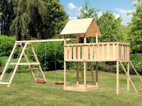 Akubi Spielturm Lotti Satteldach + Doppelschaukelanbau Klettergerüst + Anbauplattform XL + Netzrampe