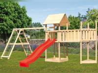 Akubi Spielturm Lotti Satteldach + Schiffsanbau oben + Doppelschaukel mit Klettergerüst + Anbauplattform XL + Rutsche in rot