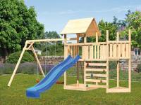Akubi Spielturm Lotti Satteldach + Schiffsanbau oben + Anbauplattform + Doppelschaukel + Kletterwand + Rutsche in blau