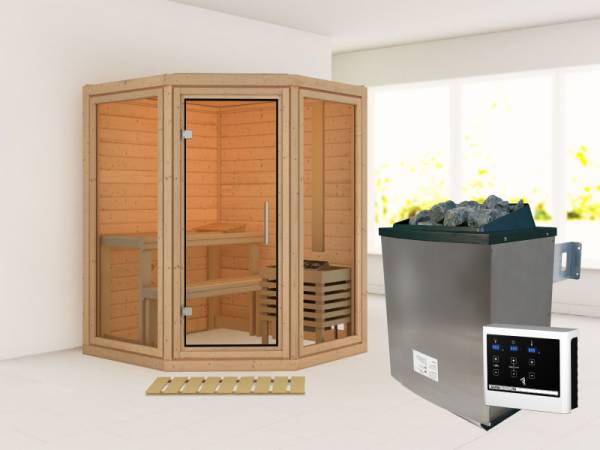 Karibu Sauna Yuma, inkl. 9 kW Ofen ext. Steuerung, mit Klarglas Ganzglastür Karibu Sauna Yuma, inkl. 9 kW Ofen ext. Steuerung, mit Klarglas Ganzglastür