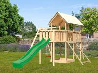 Akubi Spielturm Danny Satteldach + Rutsche grün + Einzelschaukel + Anbauplattform + Netzrampe