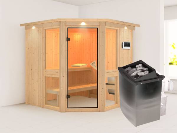 Amelia 2 - Karibu Sauna, inkl. 9 kW Ofen integr. Steuerung - mit Dachkranz -
