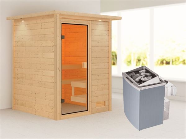 Karibu Sauna Sandra mit 9 kW Ofen integr. Strg und Dachkranz 38 mm Karibu Sauna Sandra mit 9 kW Ofen integr. Strg und Dachkranz 38 mm