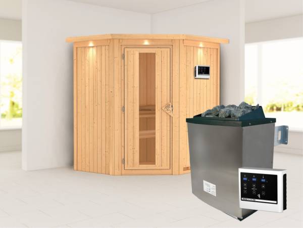 Karibu Sauna Taurin inkl. 9 kW Ofen externe Steuerung, mit Energiespartür - mit Dachkranz -