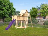 Akubi Stelzenhaus Frieda + Rutsche violett + Einzelschaukel + Anbauplattform XL + Kletterwand