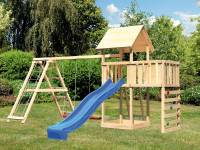 Akubi Spielturm Lotti Satteldach + Rutsche blau + Doppelschaukel Klettergerüst + Anbauplattform + Kletterwand