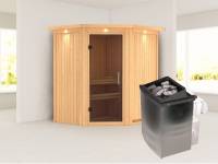 Karibu Sauna Taurin- moderne Saunatür- 4,5 kW Ofen integr. Strg- mit Dachkranz