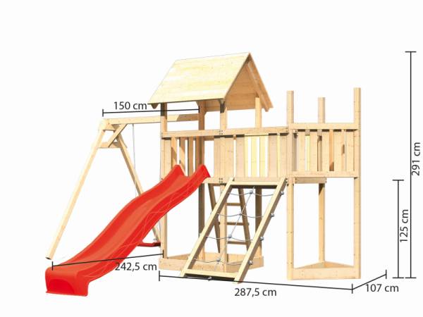 Akubi Spielturm Lotti Satteldach + Schiffsanbau oben + Anbauplattform + Einzelschaukel + Netzrampe + Rutsche in rot