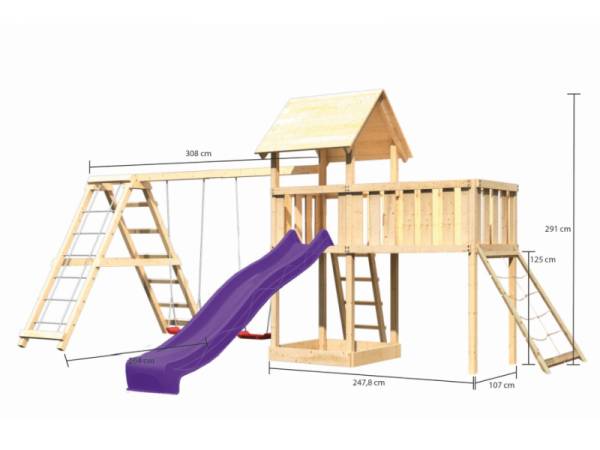 Akubi Spielturm Lotti Satteldach + Rutsche violett + Doppelschaukel Klettergerüst + Anbauplattform XL + Netzrampe