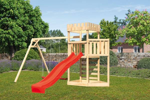 Akubi Ritterburg Löwenherz + Rutsche + Doppelschaukel + Kletterwand + Schiffsanbau oben