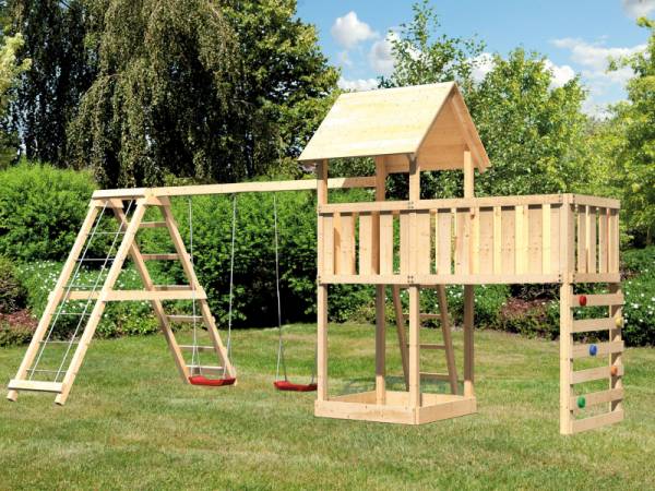 Akubi Spielturm Lotti Satteldach + Doppelschaukelanbau Klettergerüst + Anbauplattform XL + Kletterwand Akubi Spielturm Lotti Satteldach + Doppelschaukelanbau Klettergerüst + Anbauplattform XL + Kletterwand