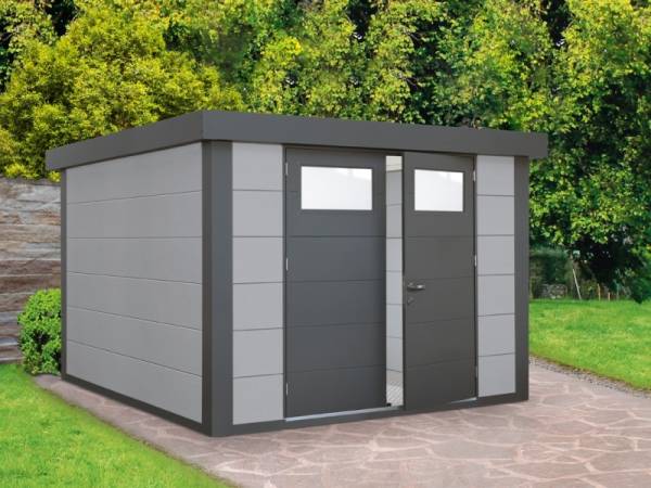 Wolff Finnhaus Metall-Gerätehaus Eleganto 2724 Lichtgrau inkl. Dachrinne und Fallrohr
