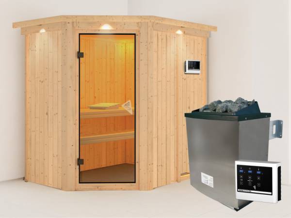 Karibu Sauna Carin- klassische Saunatür- 4,5 kW Ofen ext. Strg- mit Dachkranz