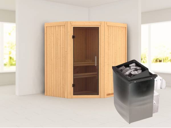 Karibu Sauna Taurin inkl. 9 kW Ofen integr. Steuerung, mit moderner Saunatür - ohne Dachkranz -
