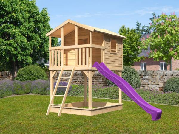 Akubi Stelzenhaus Benjamin naturbelassen + Rutsche violett + Sandkasten Akubi Stelzenhaus Benjamin naturbelassen + Rutsche violett + Sandkasten