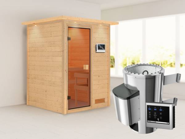 Nadja - Karibu Sauna Plug &amp; Play inkl. 3,6 kW-Ofen - mit Dachkranz -