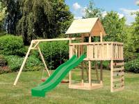 Akubi Spielturm Lotti Satteldach + Rutsche grün + Doppelschaukel + Anbauplattform + Kletterwand