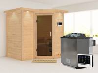 Karibu Sauna Sahib 1 inkl. 9 kW Bioofen ext. Steuerung, mit moderner Saunatür -mit Dachkranz-