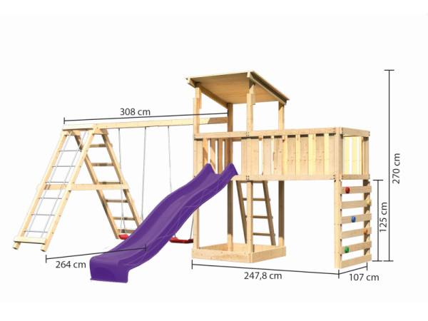 Akubi Spielturm Anna + Rutsche violett + Doppelschaukelanbau Klettergerüst + Anbauplattform XL + Kletterwand