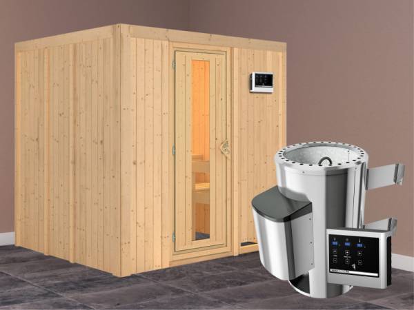 Daria - Karibu Sauna Plug &amp; Play 3,6 kW Ofen, ext. Steuerung - ohne Dachkranz - Energiespartür