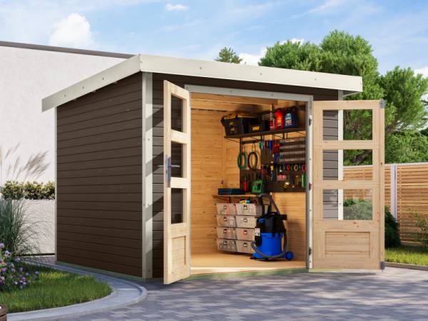 Karibu Hybrid Gartenhaus Jupiter 3,5 B terragrau/weiß