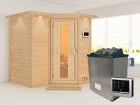 Karibu Sauna Sahib 1 inkl. 9 kW Ofen ext. Steuerung, mit energiesparender Saunatür -mit Dachkranz-
