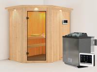 Karibu Sauna Carin inkl. 9 kW Bioofen ext. Steuerung mit bronzierter Ganzglastür - mit Dachkranz -