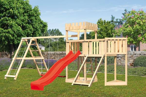 Akubi Ritterburg Löwenherz + Rutsche + Doppelschaukel mit Klettergerüst + Anbauplattform + Netzrampe + Schiffsanbau oben