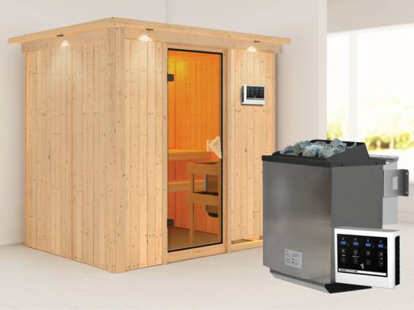 Karibu Sauna Bodin- klassische Saunatür- 4,5 kW Bioofen ext. Strg- mit Dachkranz