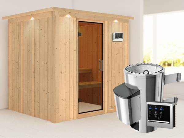 Daria - Karibu Sauna Plug & Play 3,6 kW Ofen, ext. Steuerung - mit Dachkranz - Moderne Saunatür