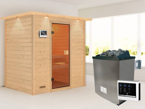Karibu Sauna Sonja inkl. 9 kW Ofen ext. Steuerung mit klassischer Saunatür -mit Dachkranz-